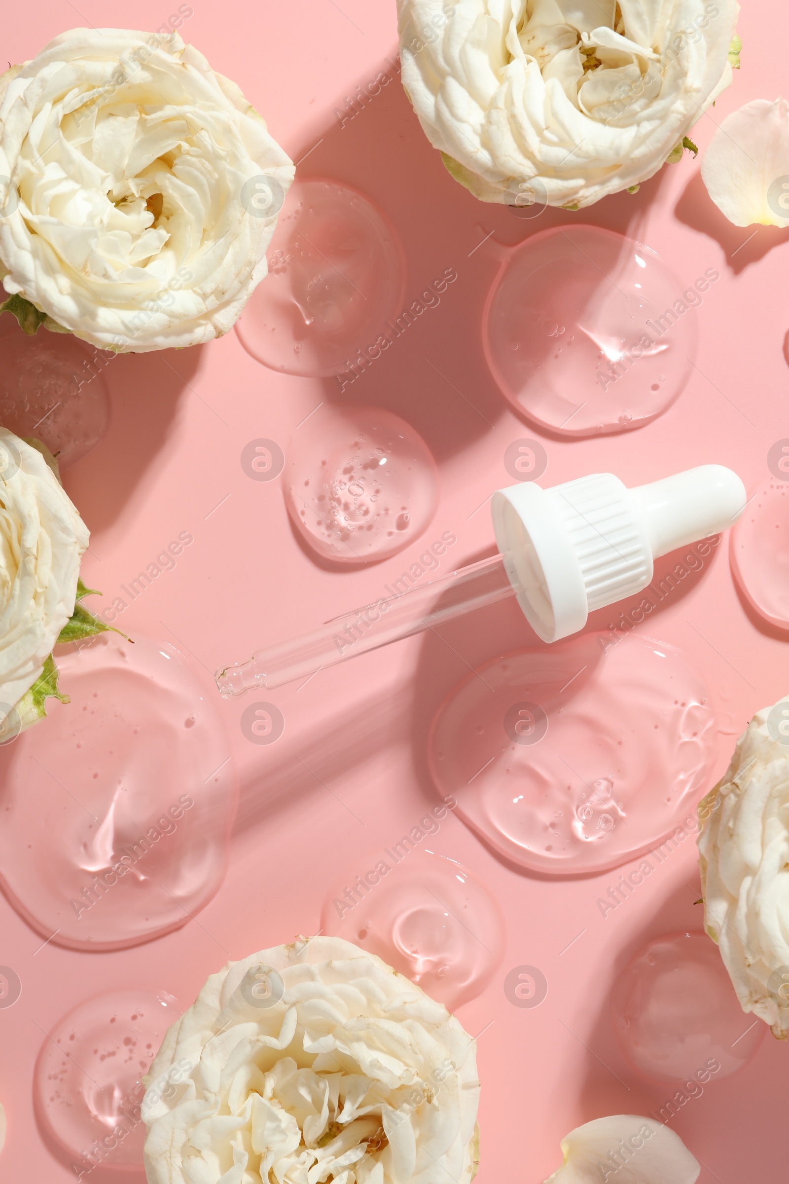 Photo of Beautiful rose flowers, pipette and drops of cosmetic serum on pink background, flat lay