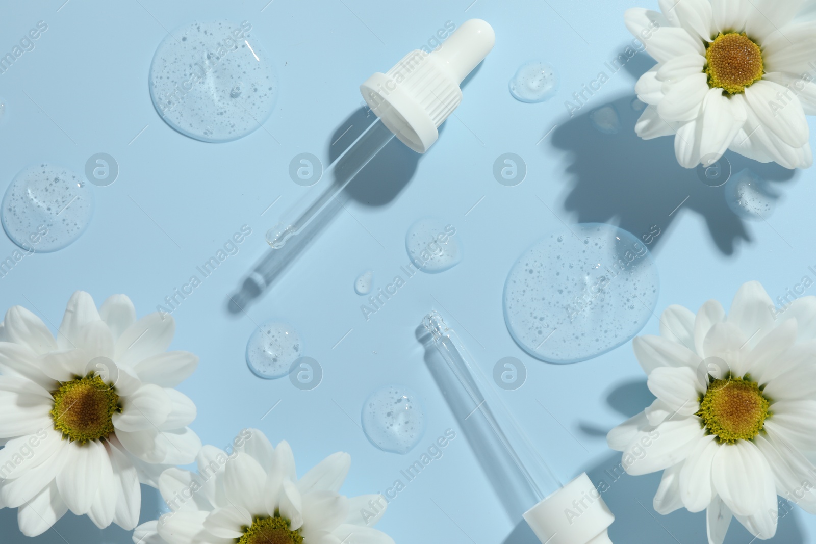 Photo of Beautiful daisy flowers, pipettes and drops of cosmetic serum on light blue background, flat lay