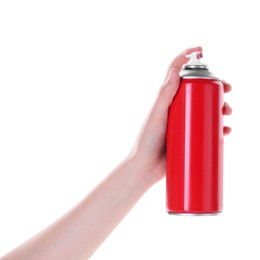 Photo of Man with can of spray paint on white background, closeup