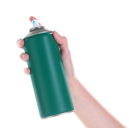 Photo of Man with can of spray paint on white background, closeup