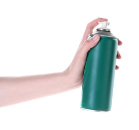 Photo of Man with can of spray paint on white background, closeup