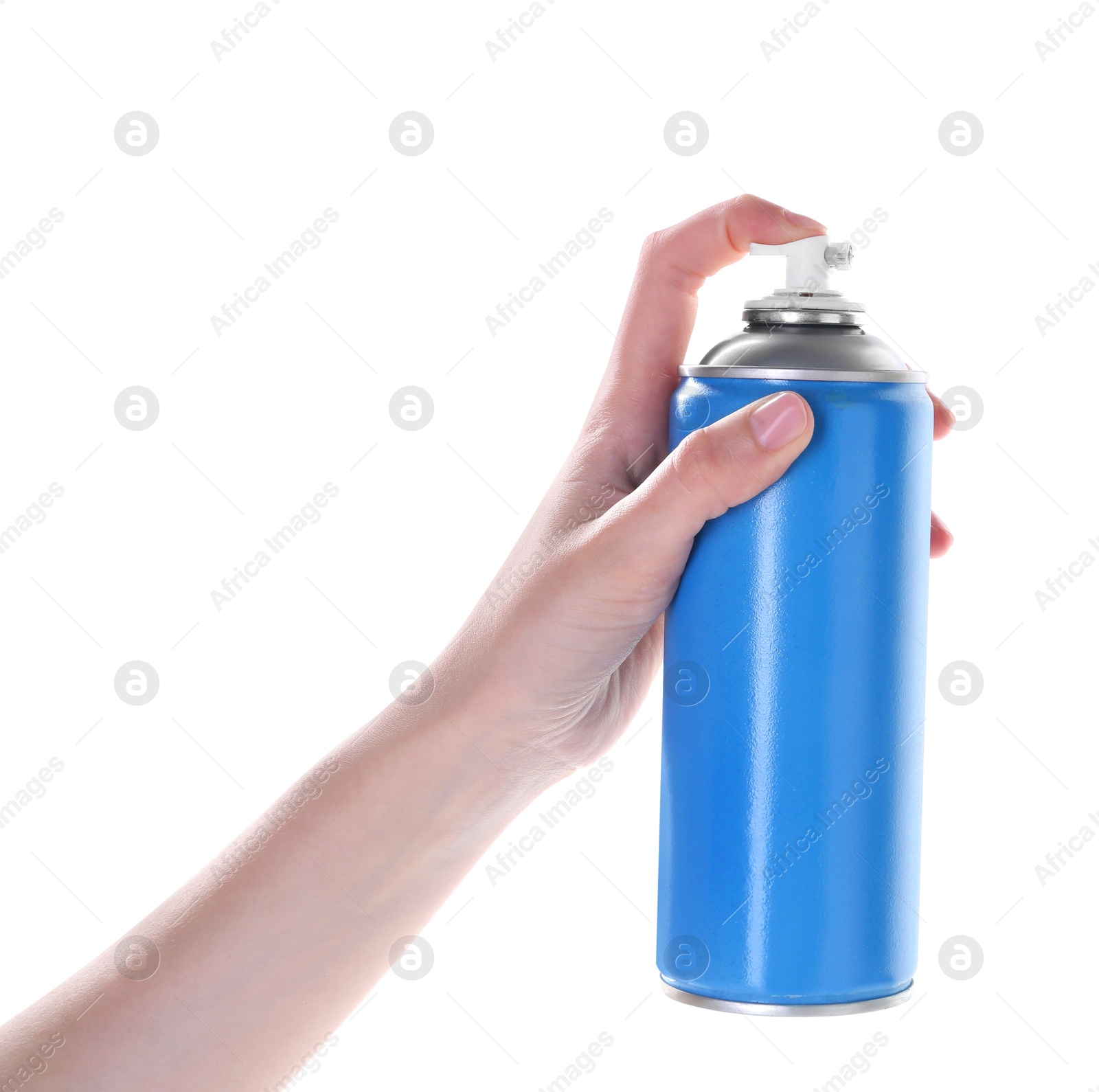 Photo of Man with can of spray paint on white background, closeup