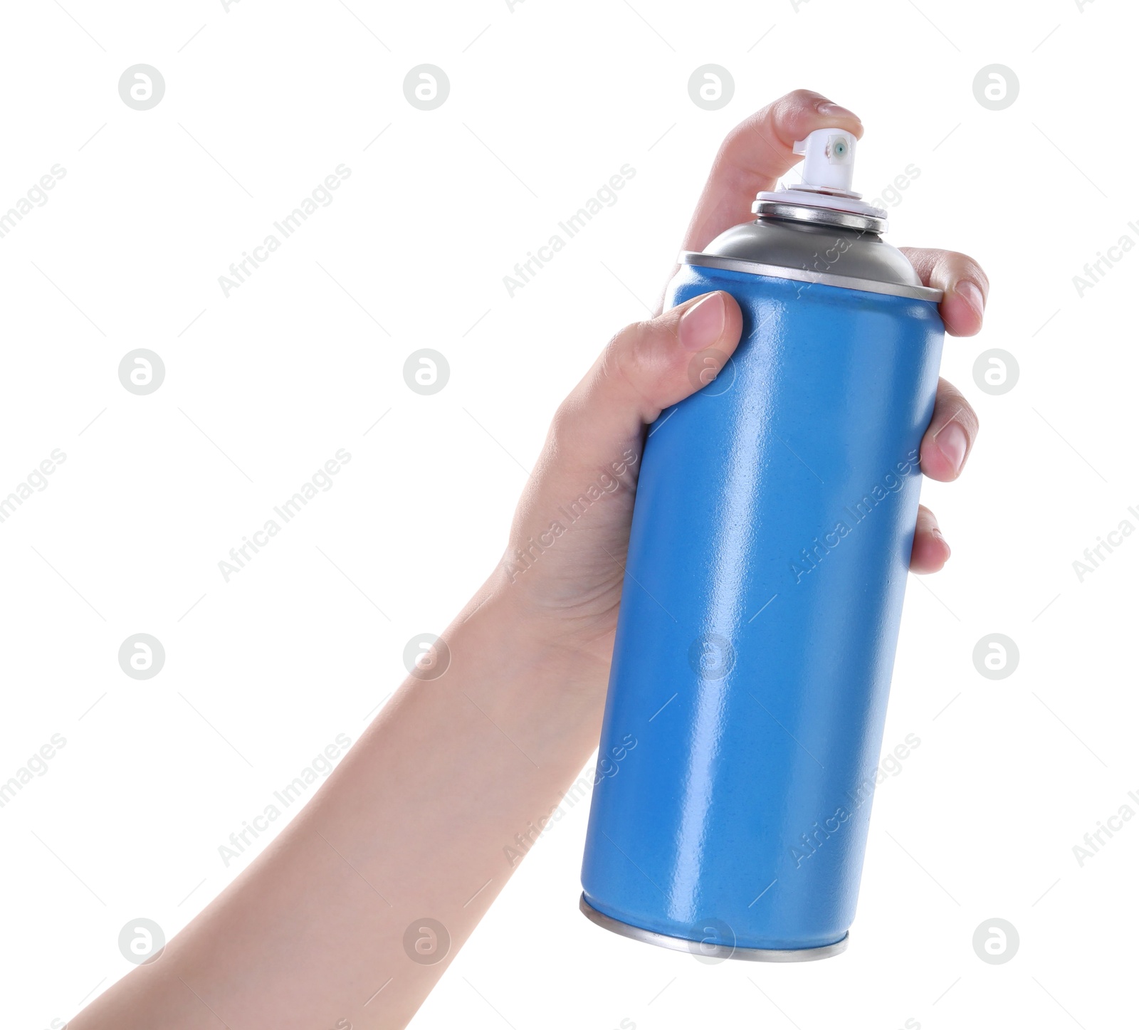 Photo of Man with can of spray paint on white background, closeup