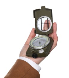 Photo of Woman holding compass on white background, closeup