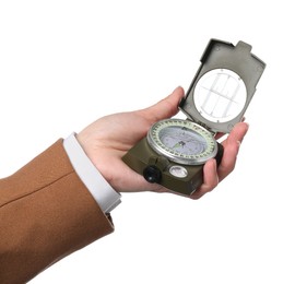 Photo of Woman holding compass on white background, closeup