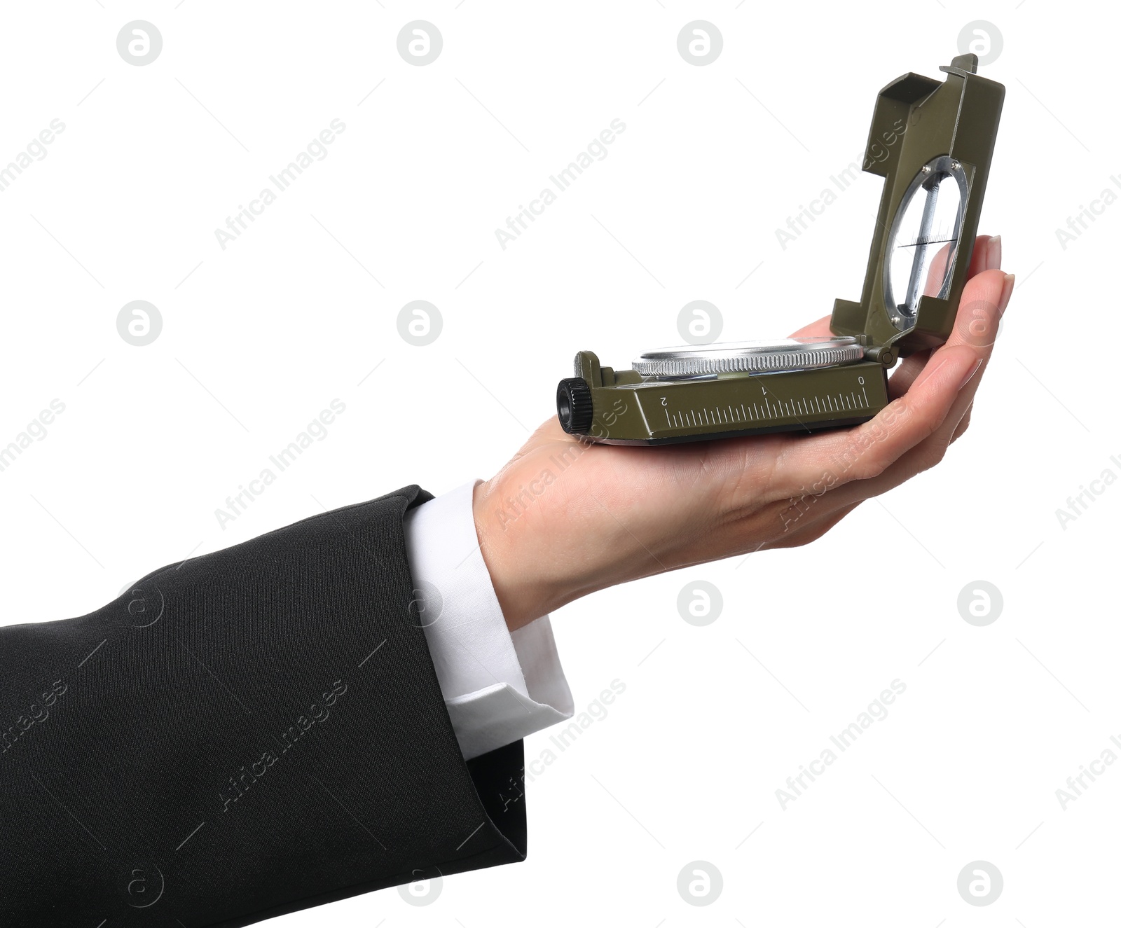 Photo of Woman holding compass on white background, closeup