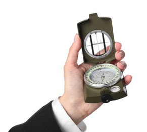 Photo of Woman holding compass on white background, closeup