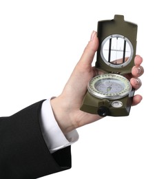 Photo of Woman holding compass on white background, closeup