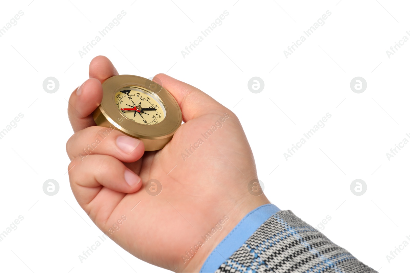 Photo of Man holding compass on white background, closeup