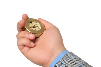 Photo of Man holding compass on white background, closeup