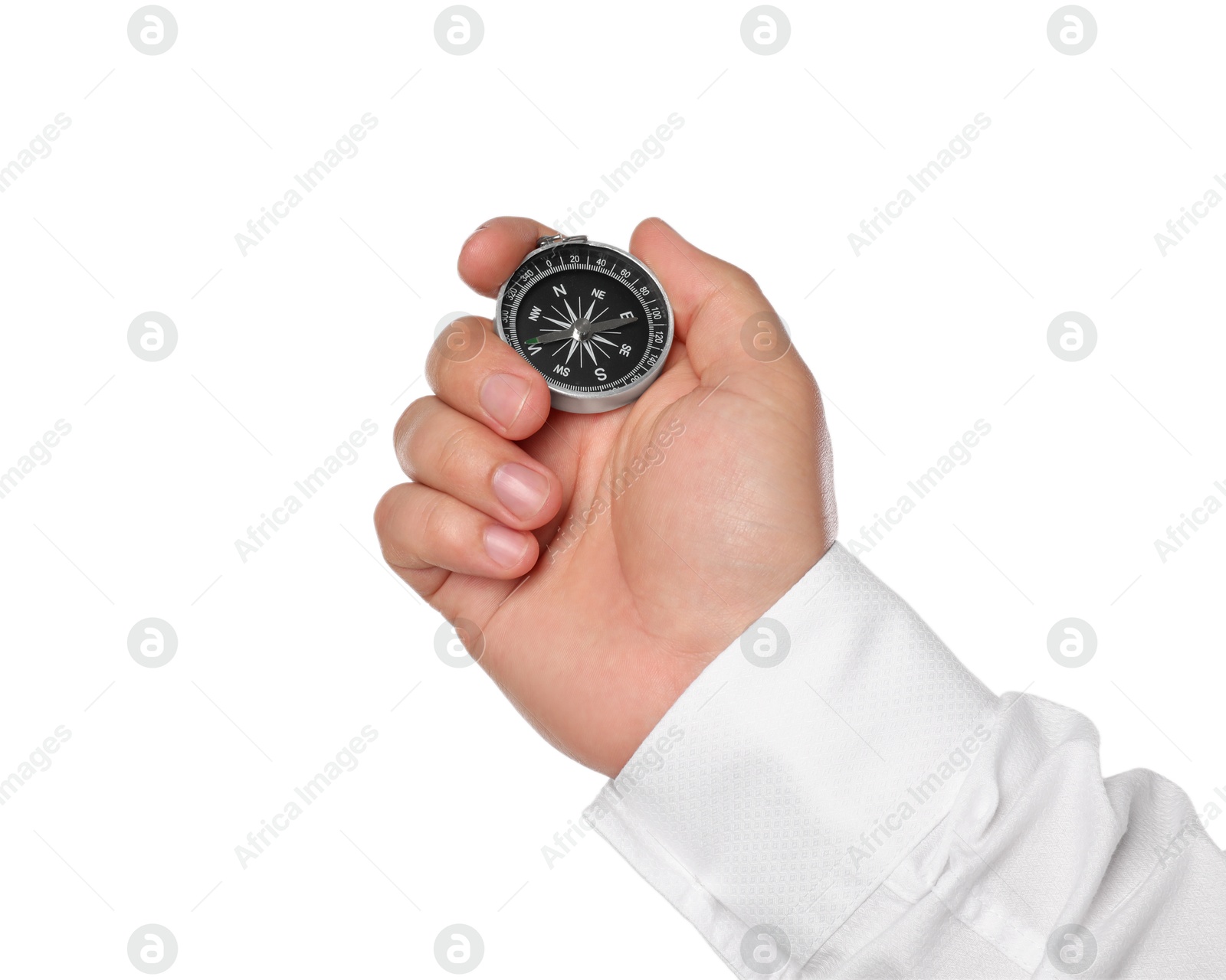 Photo of Man holding compass on white background, closeup