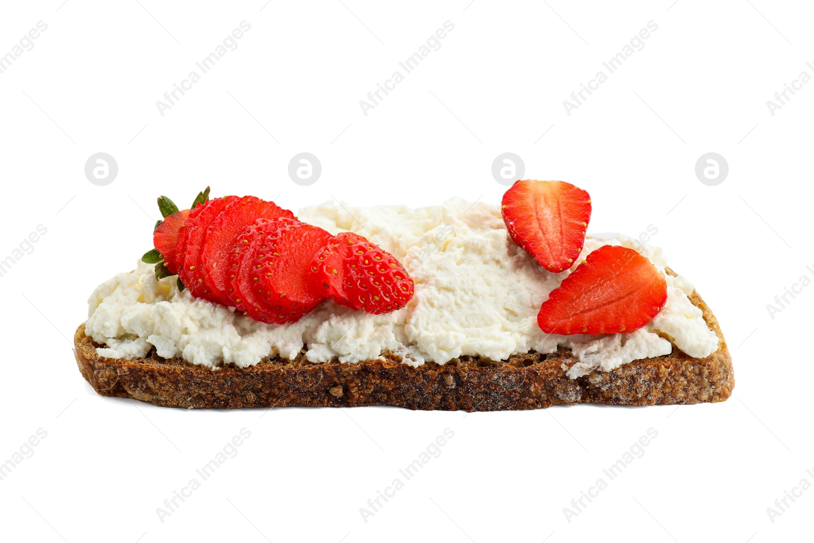 Photo of Delicious ricotta bruschetta with strawberry isolated on white