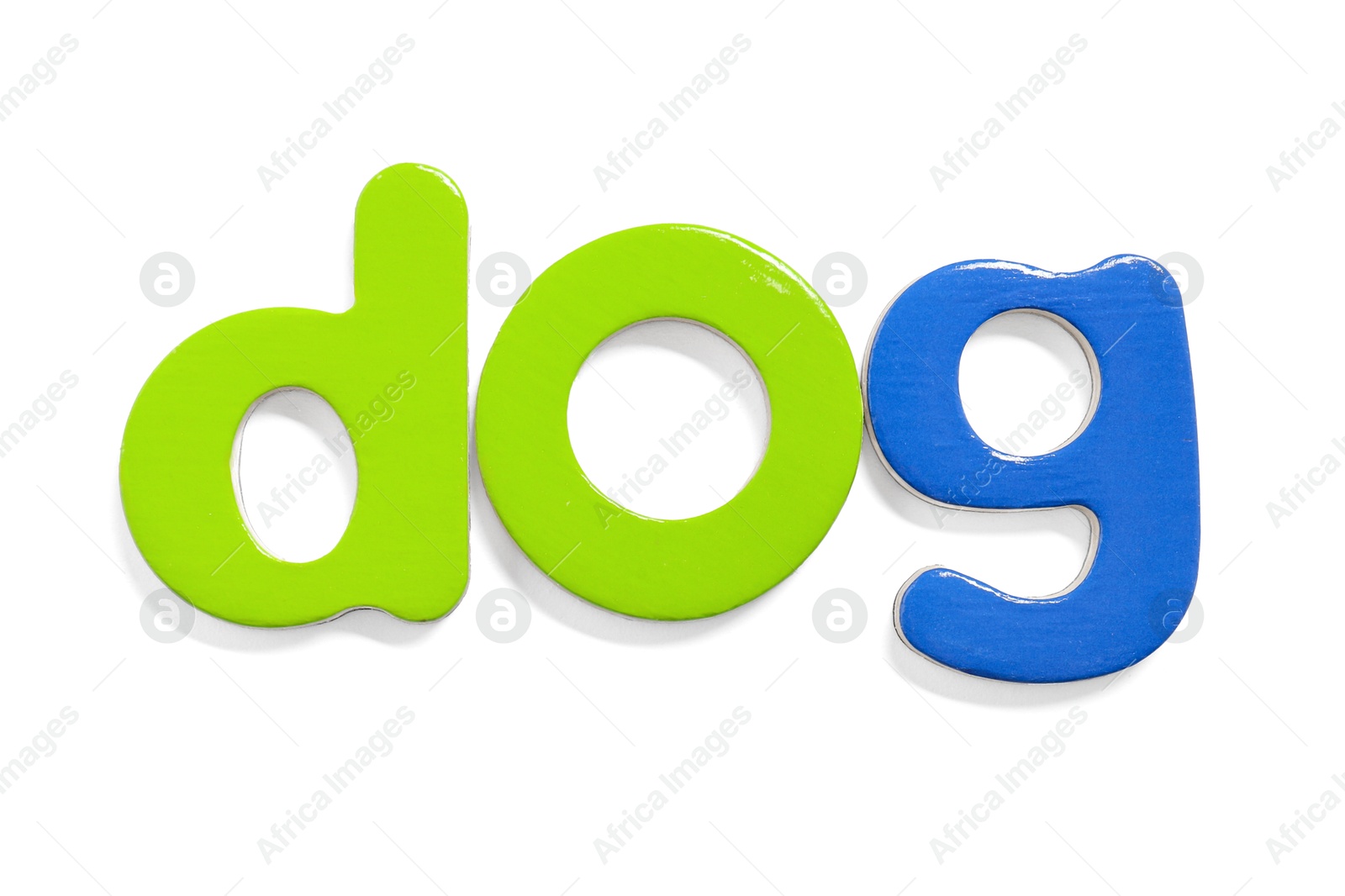 Photo of Alphabet. Word Dog of magnetic letters isolated on white, top view