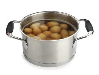 Photo of Raw potatoes in pot with water isolated on white