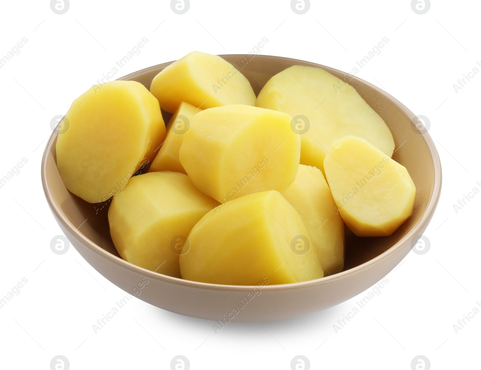 Photo of Boiled potatoes in bowl isolated on white