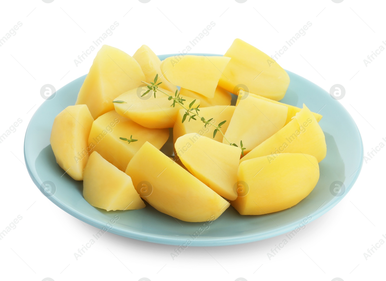 Photo of Boiled potatoes and microgreens isolated on white