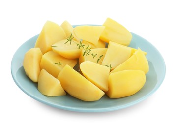 Photo of Boiled potatoes and microgreens isolated on white