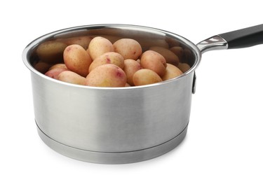 Raw potatoes in saucepan isolated on white