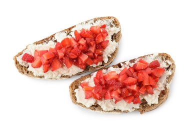 Photo of Delicious bruschettas with ricotta cheese and chopped strawberries isolated on white, top view