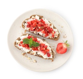 Photo of Delicious bruschettas with ricotta cheese, chopped strawberries and mint isolated on white, top view