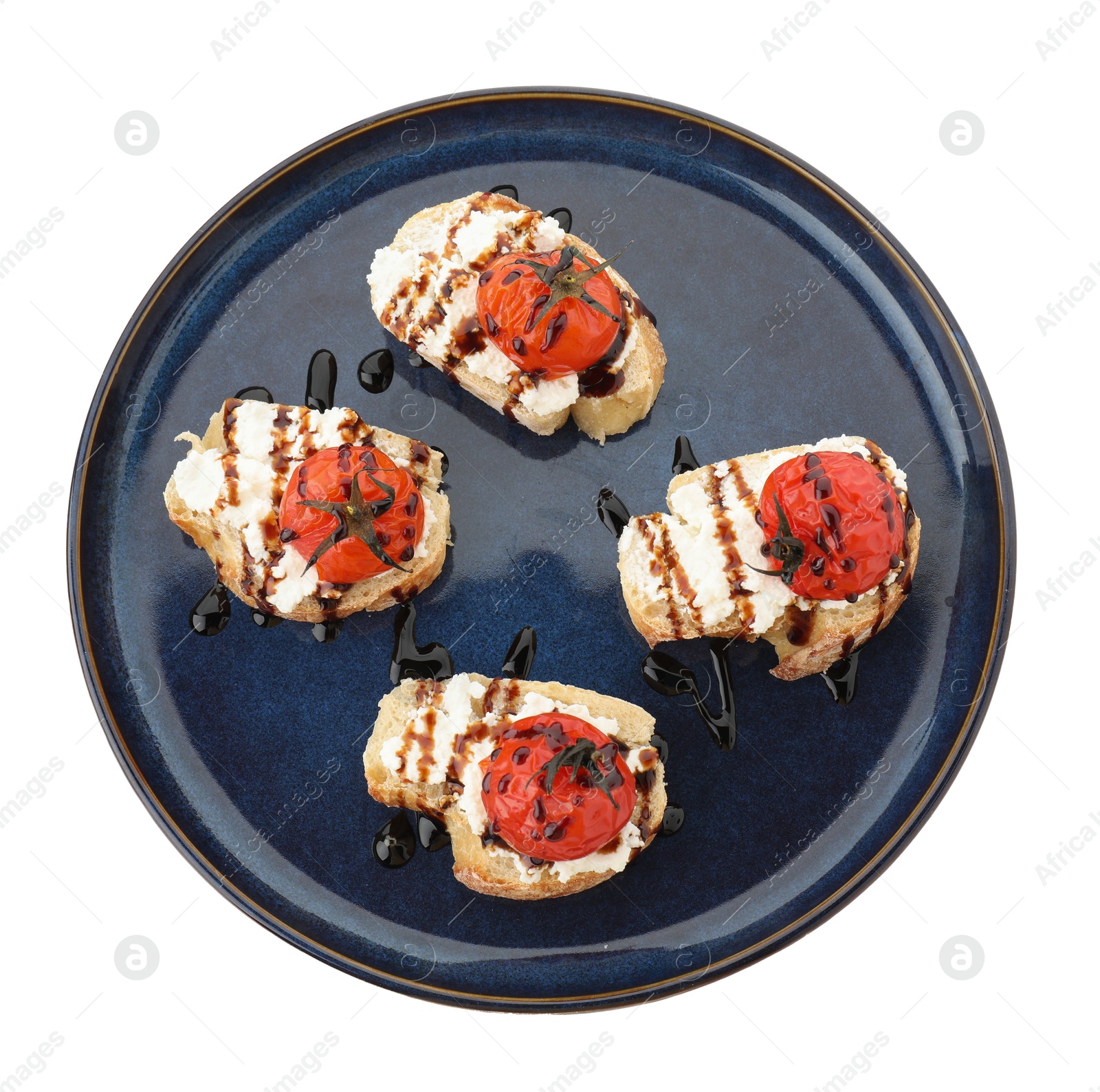 Photo of Delicious bruschettas with ricotta cheese, tomatoes and balsamic sauce isolated on white, top view