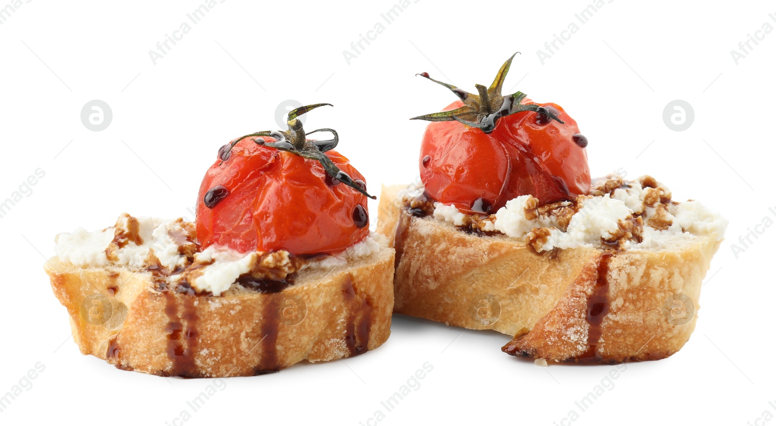 Photo of Delicious bruschettas with ricotta cheese, tomatoes and balsamic sauce isolated on white