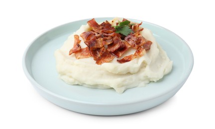 Photo of Fried bacon, mashed potato and parsley on white background