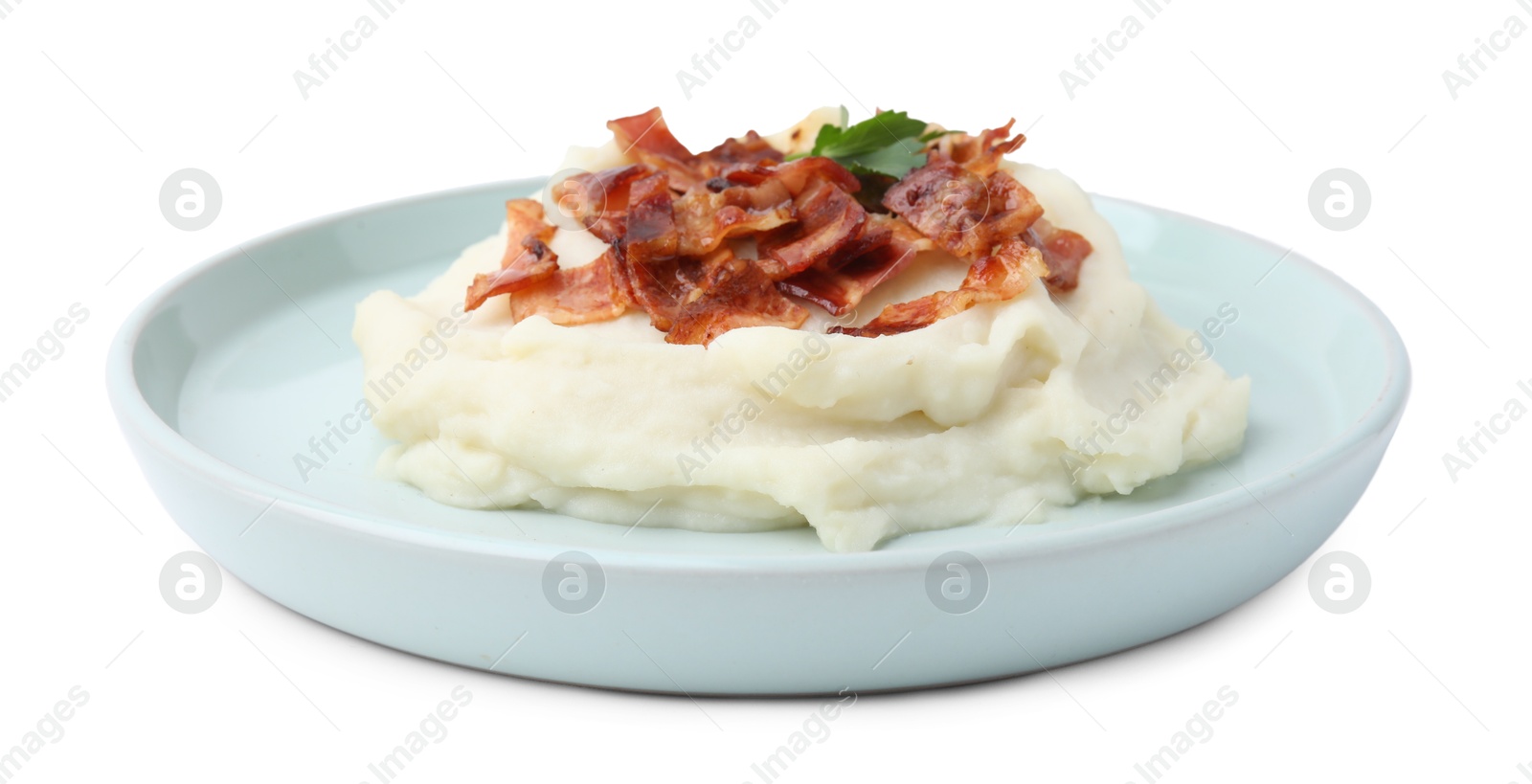 Photo of Fried bacon, mashed potato and parsley on white background