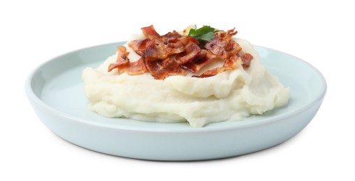 Photo of Fried bacon, mashed potato and parsley on white background