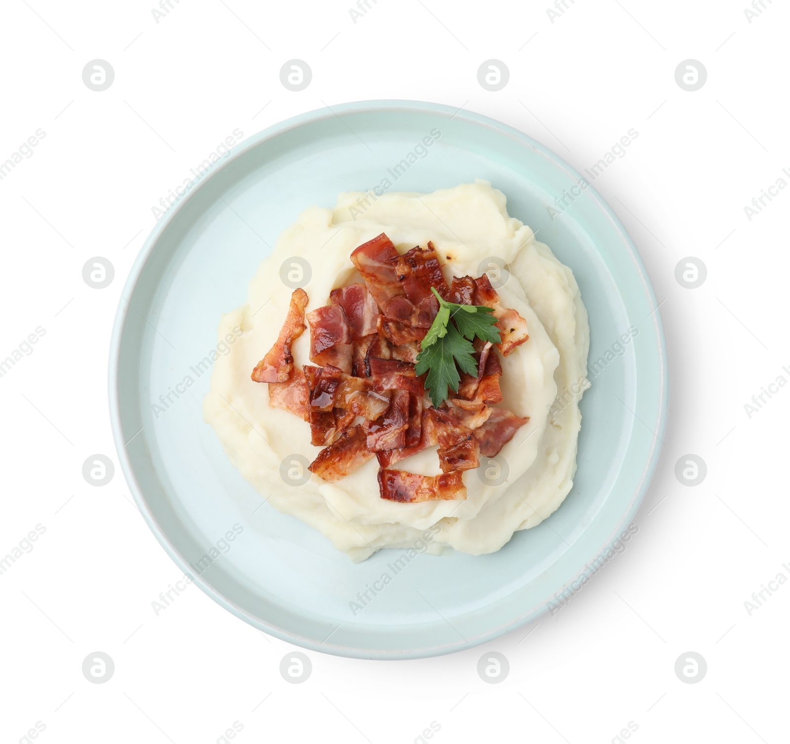 Photo of Fried bacon, mashed potato and parsley on white background, top view