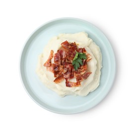 Fried bacon, mashed potato and parsley on white background, top view