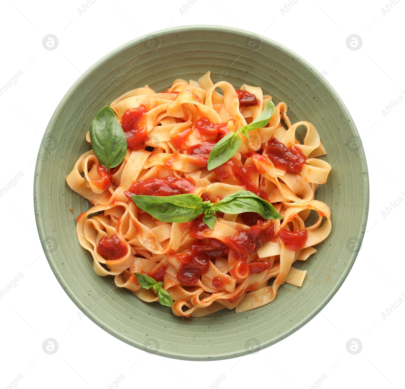 Photo of Delicious pasta with tomato sauce and basil in bowl isolated on white, top view