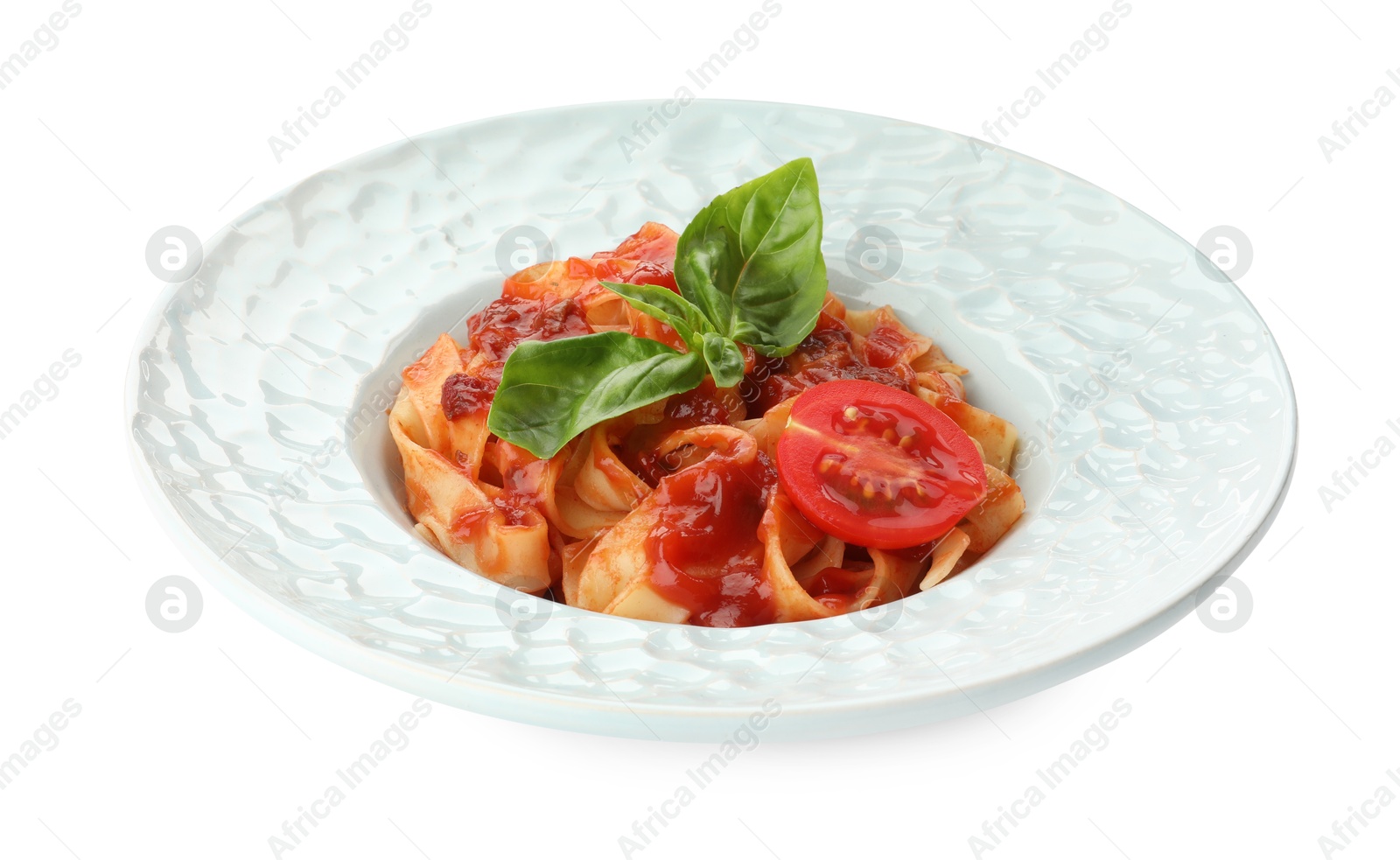 Photo of Delicious pasta with sauce, tomato and basil isolated on white