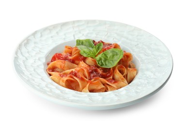 Photo of Delicious pasta with tomato sauce and basil isolated on white