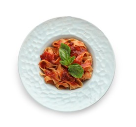 Photo of Delicious pasta with tomato sauce and basil isolated on white, top view