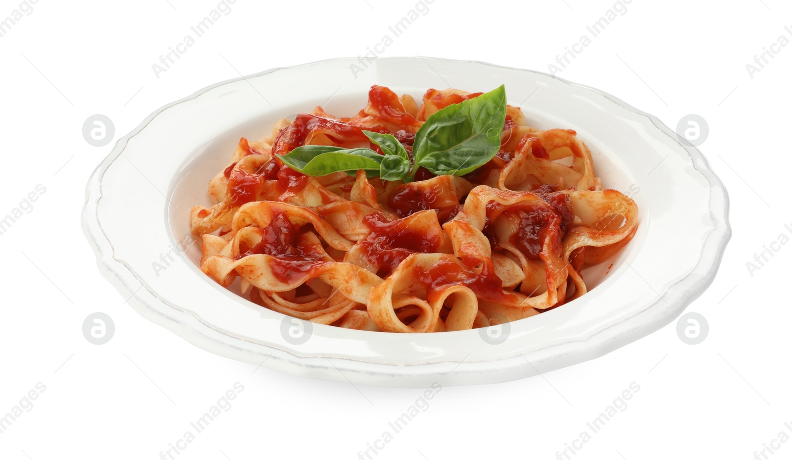 Photo of Delicious pasta with tomato sauce and basil isolated on white