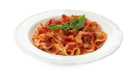 Photo of Delicious pasta with tomato sauce and basil isolated on white