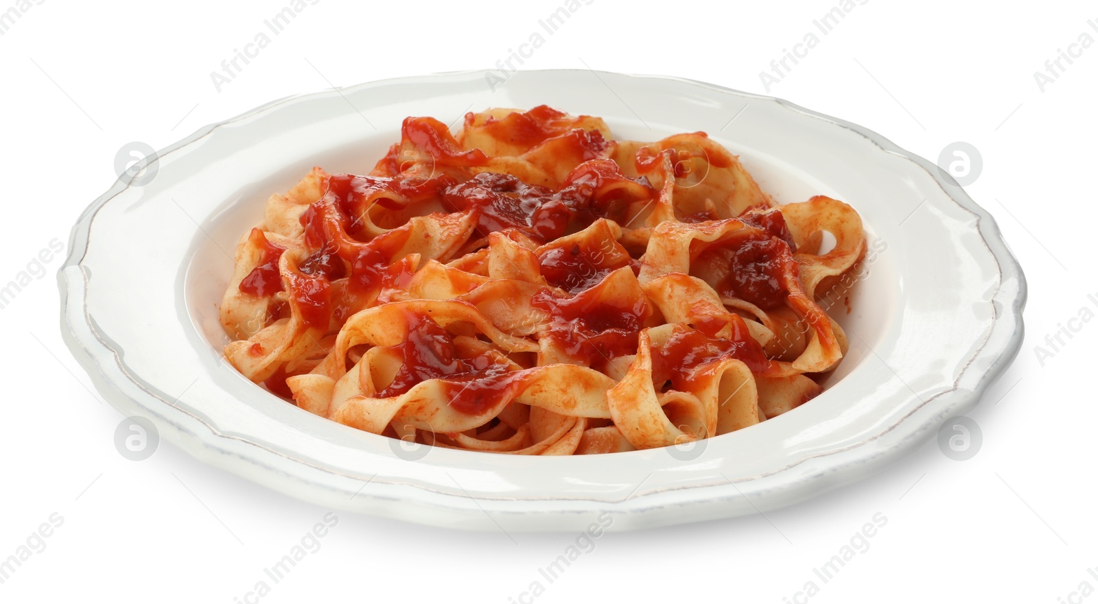 Photo of Delicious pasta with tomato sauce on white background