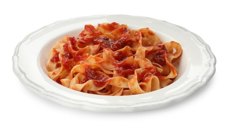 Photo of Delicious pasta with tomato sauce on white background