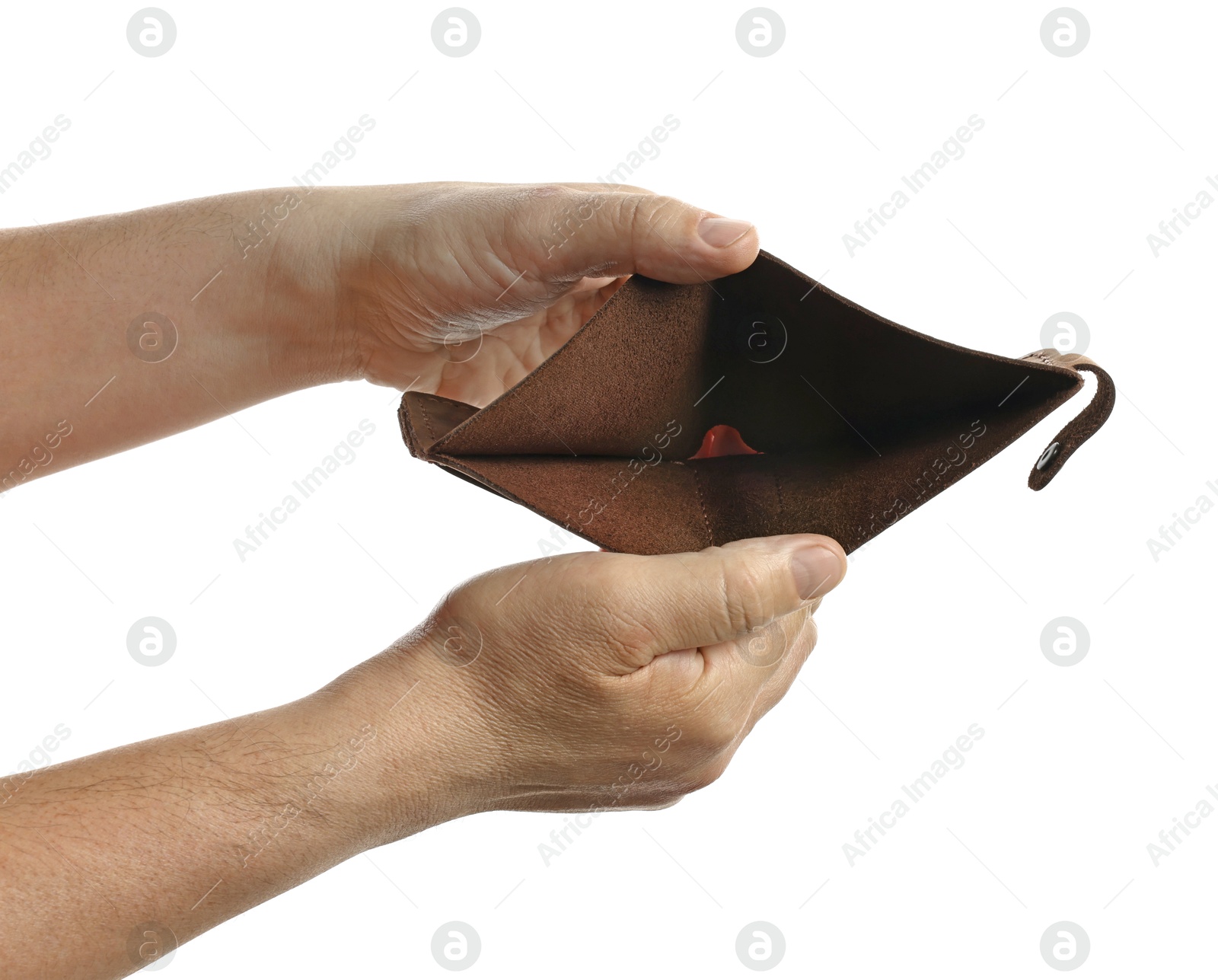 Photo of Man with empty wallet on white background, closeup