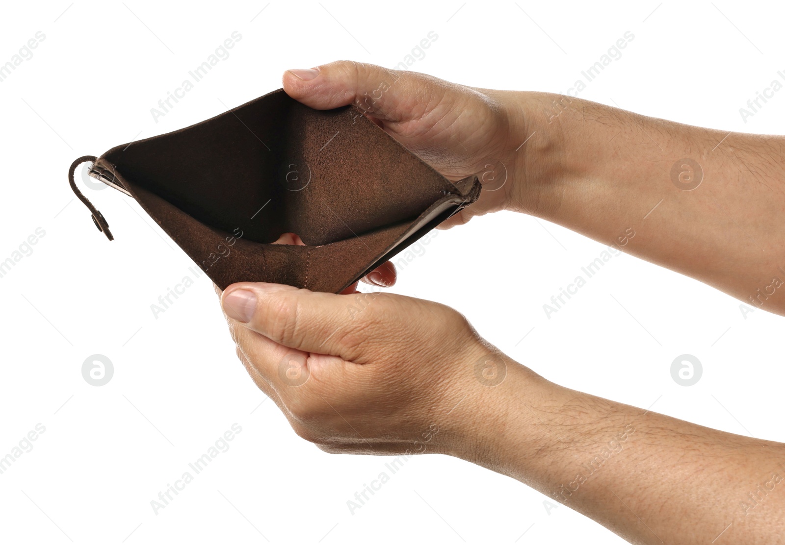 Photo of Man with empty wallet on white background, closeup