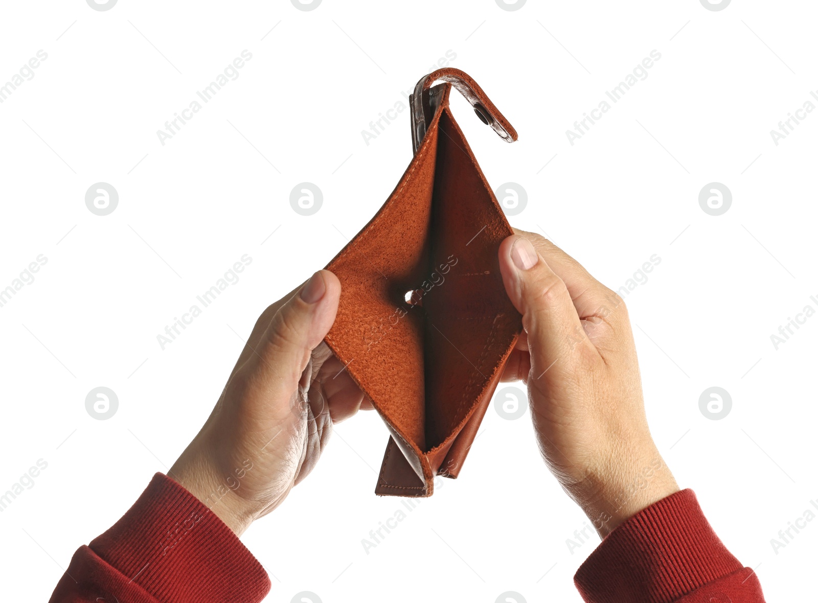 Photo of Man with empty wallet on white background, closeup