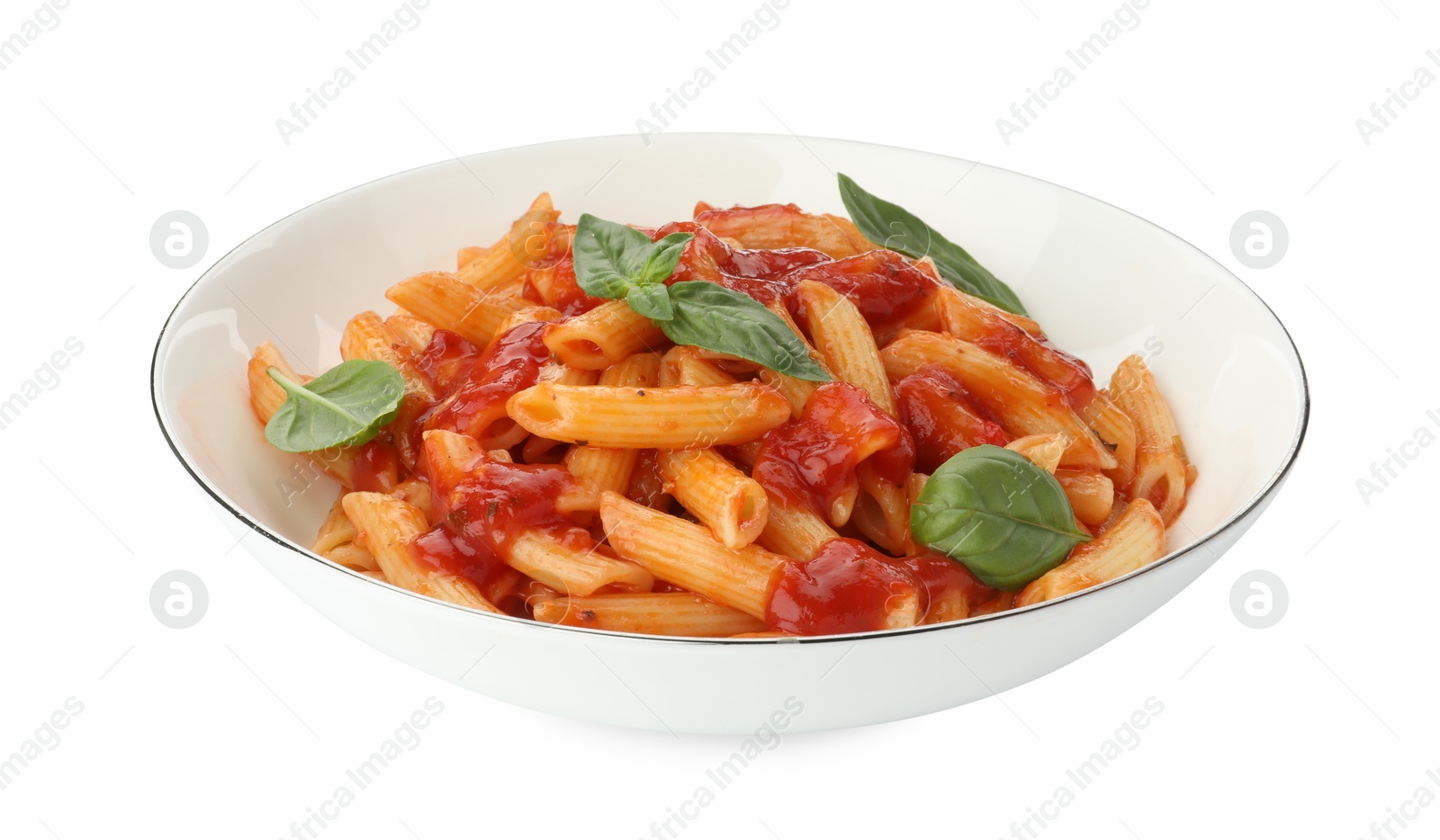 Photo of Delicious pasta with tomato sauce and basil in bowl isolated on white