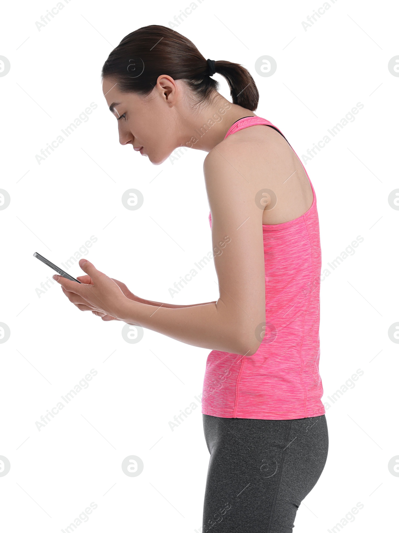 Photo of Woman with poor posture using smartphone on white background