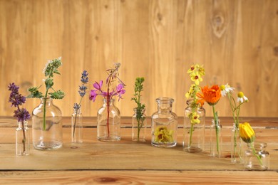 Different healing herbs in bottles on wooden table