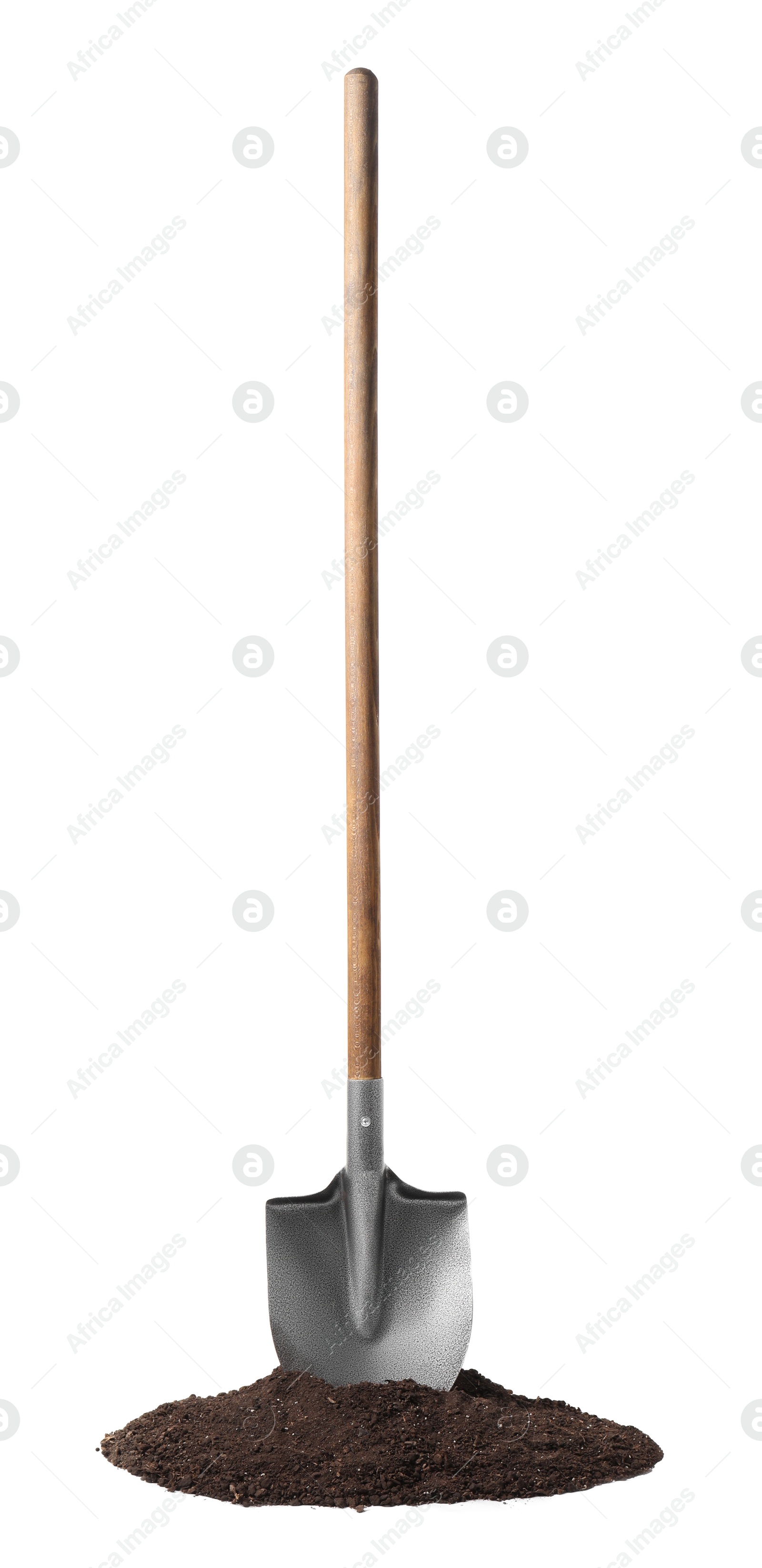 Photo of Metal shovel with wooden handle and pile of soil isolated on white