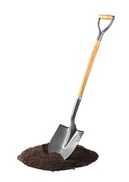 Photo of Metal shovel with wooden handle and pile of soil isolated on white