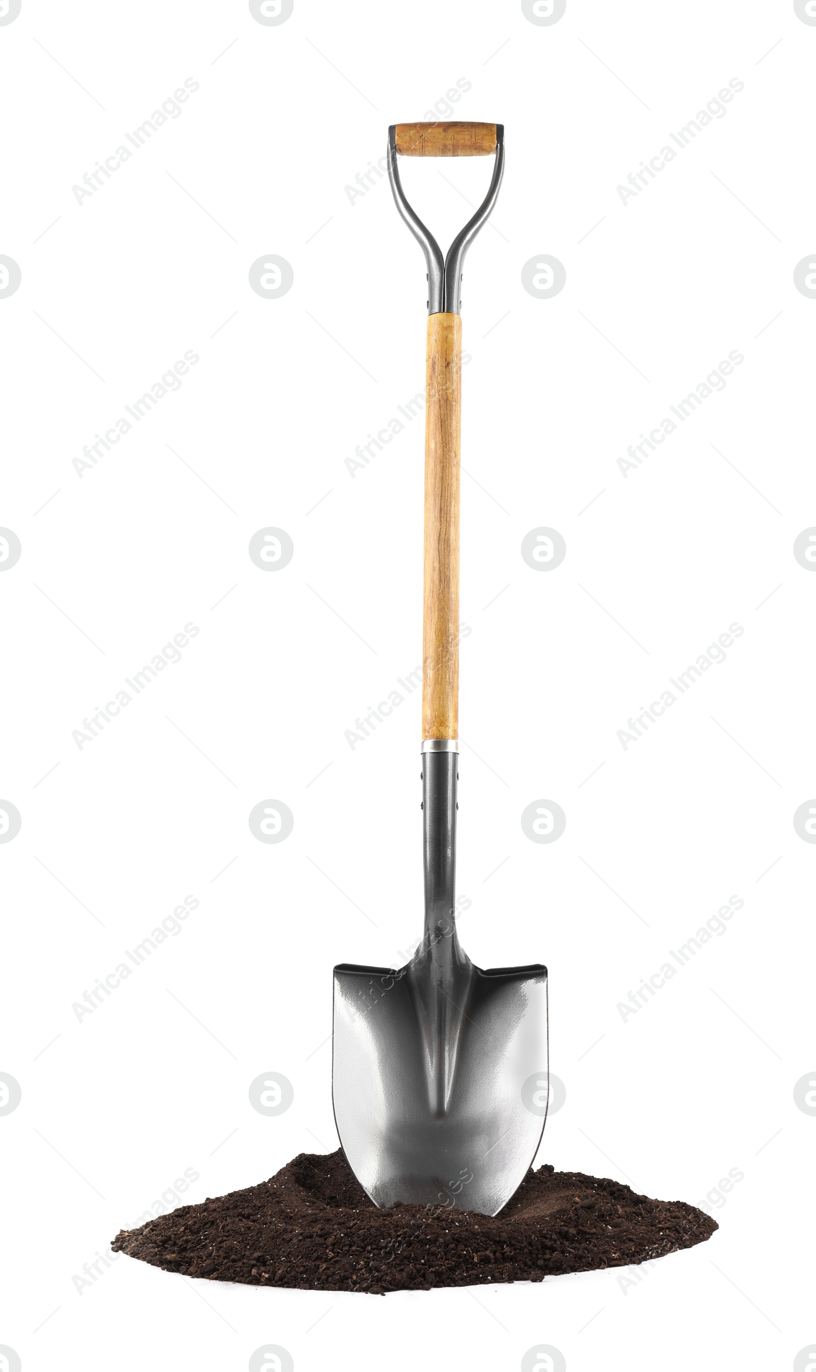 Photo of Metal shovel with wooden handle and pile of soil isolated on white