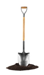 Photo of Metal shovel with wooden handle and pile of soil isolated on white