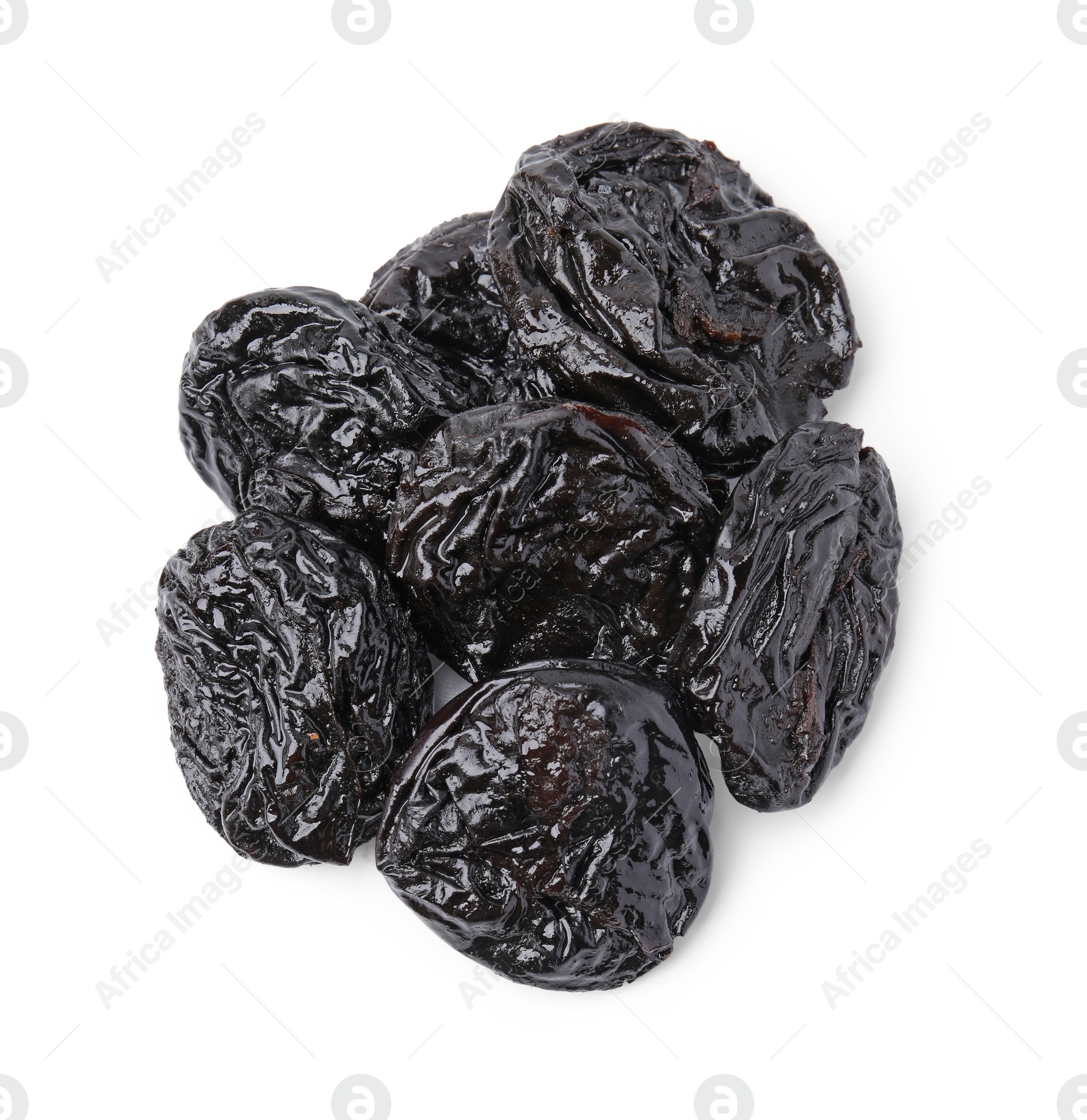 Photo of Tasty dried plums (prunes) isolated on white, top view